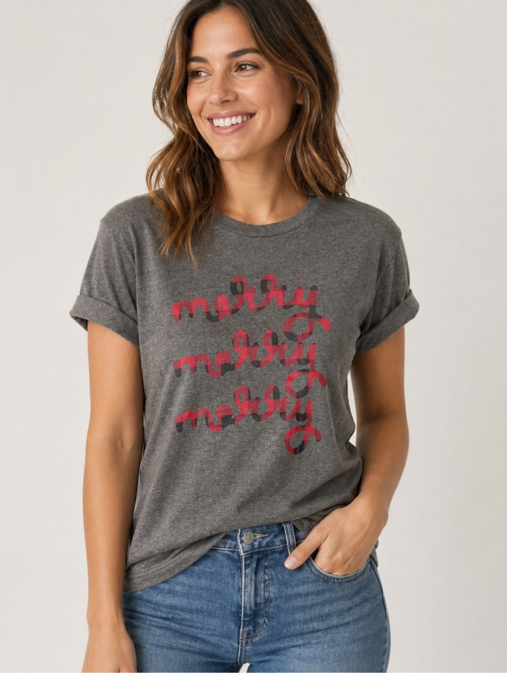 MERRY Gray Christmas Tee w/ Buffalo Plaid, Size XXL